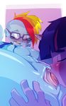  2016 anthro areola big_breasts bigdad blush breasts clitoris crossgender cunnilingus duo ear_piercing equine erect_nipples eyes_closed eyewear female friendship_is_magic glasses hair hand_on_thigh horn licking male male/female mammal multicolored_hair my_little_pony nipples nude open_mouth oral pegasus piercing ponytail pussy rainbow_dash_(mlp) rainbow_hair raised_shirt sex simple_background tongue tongue_out twilight_sparkle_(mlp) unicorn vaginal wings 