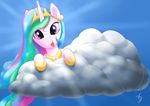  2014 bluespaceling cloud crown equine feathers female feral friendship_is_magic fur hair hi_res horn jewelry looking_at_viewer mammal multicolored_hair my_little_pony necklace princess_celestia_(mlp) purple_eyes sky smile solo tongue tongue_out white_feathers white_fur winged_unicorn wings 
