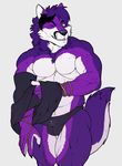  abs anthro biceps black_hair black_nose blue_eyes bulge canine chest_tuft claws clothed clothing folf fox fur hair hybrid knuxlight looking_at_viewer male mammal muscular one_eye_closed pecs purple_fur purple_hair rope shirt shyloc simple_background smile solo speedo standing swimsuit teeth topless tuft underwear white_background white_fur wink wolf 