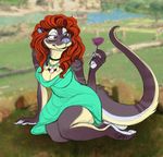  2016 anthro breasts cleavage clothed clothing dress female fur hair jewelry kappy kneeling mammal multicolored_fur mustelid necklace otter outside purple_eyes red_hair solo two_tone_fur whiskers 