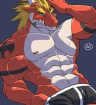  abs absurd_res anthro biceps big_muscles blonde_hair blue_background blue_eyes blush boxers_(clothing) clothed clothing colored delga dragon fangs grey_scales hair hand_on_head hi_res male mayar muscular muscular_male nipples pecs red_scales reptile scales scalie sharp_teeth simple_background solo standing sweat teeth topless underwear watermark white_scales 
