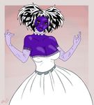  2016 ball_gown bare_shoulders big_breasts big_lips breasts cleavage clothed clothing diffver dress eyelashes facial_markings female flower frilly gloves gown hair half-closed_eyes hi_res humanoid lips looking_at_viewer magic_user markings multicolored_hair not_furry plant purple_skin red_eyes simple_background smile smirk solo strapless_dress vrabo witch 