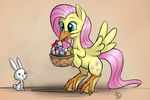  2014 angel_(mlp) blue_eyes bluespaceling costume cutie_mark duo easter easter_egg equine feathered_wings feathers female feral fluttershy_(mlp) friendship_is_magic fur hair holidays inside lagomorph mammal my_little_pony pegasus pink_hair rabbit white_fur wings yellow_feathers yellow_fur 