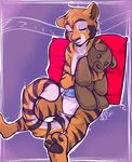  4_fingers 4_toes abstract_background anthro clothed clothing diaper eyes_closed feline fur male mammal partially_clothed pillow sitting sleeping solo strawberryneko teddy_bear tiger toes 