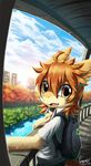  2014 amber_eyes anthro backpack building cheek_tuft chest_tuft clothed clothing cloud day dragon fur furred_dragon grass hair kemono kutto looking_at_viewer male morning open_mouth orange_hair penguinex plant sky smile solo teeth tongue tree tuft water young 