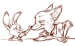  anthro canine cute disney duo female fox fur inkedaway judy_hopps lagomorph long_ears male mammal monochrome nick_wilde rabbit size_difference sketch zootopia 