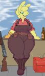  alcohol anthro beer beverage big_breasts blue_eyes boots breasts camelid clothing delfucko ear_piercing ear_ring engineer_(team_fortress_2) female footwear fur gloves goatonomous handwear hi_res huge_thighs leaning_on_wall llama looking_at_viewer mammal overalls piercing shoes smile smiling_at_viewer solo team_fortress_2 thick_thighs valve video_games weapon yellow_body yellow_fur 