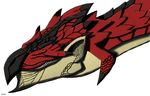  2016 anthro beak black_scales blue_eyes brown_scales capcom english_text feral flying_wyvern gamemaniac hi_res horn looking_at_viewer male monster_hunter nude pointy_ears rathalos red_scales scales scalie sharp_teeth simple_background slit_pupils solo spikes teeth text video_games white_background 