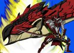  2016 anthro armor beak black_scales blue_background blue_eyes brown_scales capcom clothed clothing duo english_text faceless_male feral fire flying_wyvern gamemaniac hi_res horn human looking_at_viewer male mammal melee_weapon monster_hunter nude pointy_ears rathalos red_scales scales scalie sharp_teeth simple_background slit_pupils spikes spread_legs spreading sword teeth text video_games weapon 