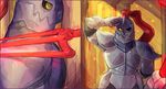  armor asgore_dreemurr comic digital_media_(artwork) disembodied_hand duo english_text hi_res knight melee_weapon polearm salute solo_focus text thatonegojimun undertale undyne video_games weapon yellow_sclera 