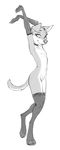  2016 adam_wan canine claws clothing cute cynthia digitigrade dog elbow_gloves female flat_chested gloves greyscale hi_res legwear looking_at_viewer mammal monochrome mostly_nude navel nipples simple_background solo stockings thigh_highs toe_claws white_background young 