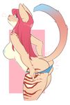  anthro areola breasts butt clothed clothing digital_media_(artwork) feline female mammal nipples panties panty_pull partially_clothed portrait side_view simple_background solo sorimori stripes sweat three-quarter_portrait topless underwear 