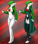  2016 abstract_background armband breasts celeste(jeffthehusky) clothed clothing dress female gardevoir green_hair hair hair_over_eye jeffthehusky leggings legwear long_hair nintendo nipples nude open_mouth pok&eacute;mon pussy red_eyes signature solo spike_(disambiguation) standing stockings video_games white_skin 