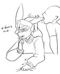  2016 anthro big_ears blush buckteeth bun_(artist) bun_(character) clothing dialogue digital_media_(artwork) duo ear_licking ear_petting ear_suckling english_text female fur hair human human_on_anthro interspecies lagomorph licking line_art love male male/female mammal open_mouth petting rabbit shirt simple_background suggestive teeth text tongue tongue_out white_background 