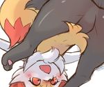  black_fur blush braixen butt canine chest_tuft confusion cute cute_fang embarrassed female fluffy_tail fox fur hindpaw inner_ear_fluff looking_back looking_through_legs mammal nintendo open_mouth opened_mouth pawpads paws pok&eacute;mon red_eyes red_fur solo tuft upside_down video_games yellow_fur 狼の翼 