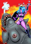  2015 angry armor black_eyes blue_hair boots bra breasts clothed clothing curtsibling detailed_background digital_media_(artwork) duo female fire footwear hair headband hi_res humanoid marine melee_weapon nipples open_mouth overweight parody polearm red_background red_eyes red_hair simple_background skull sparkling spear teeth underwear video_games warcraft water watermark weapon white_sclera wowslut yellow_sclera 