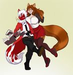  anthro blush book breasts clothed clothing duo female fur hi_res lavenderpandy male mammal one_eye_closed raccoon red_fur simple_background skunk striped_tail teeth 
