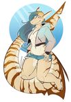  anthro clothed clothing female fish half-closed_eyes marine navel open_shirt shark simple_background smile solo sorimori striped_tail 