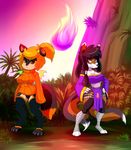  2015 anthro bandage black_hair blonde_hair breasts canine chest_tuft choker claws cleavage clothed clothing detailed_background digital_media_(artwork) dog duo eye_contact female fox frown fur grin hair hand_on_hip hi_res lonbluewolf long_hair looking_back mammal multi_tail multicolored_fur palm_tree plant shirt skull sky smile suit sweater toe_claws tree tuft underwear white_sclera wide_hips wings 