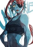  2016 anthro bare_shoulders blue_skin breasts chaen_open clothed clothing eye_patch eyewear fangs female fish hair long_hair marine navel open_mouth red_hair solo undertale undyne video_games yellow_sclera 