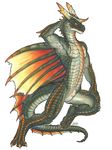  2016 animal_genitalia animal_penis anthro anthrofied black_scales capcom claws dragon english_text fin grey_scales hi_res horn iggi male marker_(artwork) monster_hunter nude orange_eyes orange_scales penis pose raised_arm raised_leg red_scales rukodiora scales scalie sheath signature simple_background solo spikes teeth text toe_claws traditional_media_(artwork) video_games white_background wings 