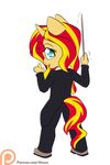  2016 alasou anthro anthrofied baton blonde_hair chibi clothing conductor cyan_eyes equestria_girls equine eyelashes female hair hi_res horn long_hair looking_back mammal multicolored_hair my_little_pony patreon red_hair simple_background solo sunset_shimmer_(eg) two_tone_hair unicorn white_background 
