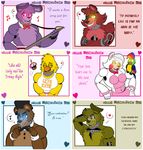  2016 animatronic anthro avian beak bear bird black_nose bonnie_(fnaf) bow_tie breasts canine chica_(fnaf) chicken clothing cupcake_(fnaf) digital_media_(artwork) english_text feathers felinesyndr0me female five_nights_at_freddy&#039;s five_nights_at_freddy&#039;s_2 five_nights_at_freddy&#039;s_3 fox foxy_(fnaf) freddy_(fnaf) fur glowing glowing_eyes group hair hi_res holidays lagomorph looking_at_viewer machine male mammal mangle_(fnaf) open_mouth rabbit robot simple_background smile springtrap_(fnaf) teeth text valentine&#039;s_day video_games yellow_eyes 