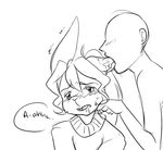  2016 anthro big_ears blush buckteeth bun_(artist) bun_(character) clothing dialogue digital_media_(artwork) drooling duo ear_licking ear_petting ear_suckling embarrassed english_text female fur hair human human_on_anthro interspecies lagomorph licking love male male/female mammal open_mouth petting rabbit saliva shaking simple_background suggestive sweat teeth text tongue tongue_out white_background 