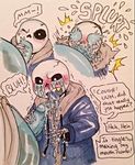  balls blush bone clothed clothing cum duo ectoplasm english_text fellatio male male/male mammal marker_(artwork) mixed_media not_furry oral pen_(artwork) penis sans_(undertale) sex skeleton speech_bubble text traditional_media_(artwork) undertale video_games 