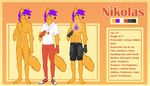 black_shorts blue_eyes canine cargo_shorts chest_tattoo clothed clothing fingerless_gloves fur gloves hair jewelry mammal model_sheet necklace nikolas_(character) nude orange_fur pants purple_hair red_gloves red_pants red_shoes shirt smile solo topless unknown_artist wolf 