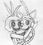  &lt;3 animatronic anthro avian bib bird black_and_white canine chicken duo english_text eyes_closed female five_nights_at_freddy&#039;s five_nights_at_freddy&#039;s_2 fox hug inkyfrog lipstick machine mammal mangle_(fnaf) monochrome one_eye_closed robot smile text toy_chica_(fnaf) video_games 