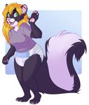  big_tail black_fur blonde_hair claws clothing diaper ear_piercing female fur green_eyes hair mammal pawpads piercing shirt skunk smile solo standing strawberryneko wave 