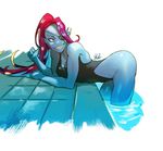  2016 anthro bent_over blue_skin butt clothed clothing digital_media_(artwork) eye_patch eyewear fangs female fish grin hair long_hair looking_back marine one-piece_swimsuit partially_submerged presenting red_hair sharp_teeth side_view solo swimming_pool swimsuit teeth undertale undyne ut_gyuam video_games water 