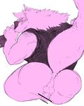  anthro balls blush bottomless butt canine censored clothed clothing erection hukakune_4471 looking_at_viewer looking_back male mammal mooning muscular muscular_male penis shirt simple_background small_penis solo sweat underwear white_background 