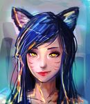  abstract_background ahri animal_humanoid black_hair canine facial_markings female fox fox_humanoid hair humanoid league_of_legends mammal marine1509 markings slit_pupils smile solo video_games yellow_eyes 