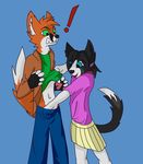  ! &lt;3 age_difference ageplay anthro canine chelsea_chamberlain clothed clothing collar cub digital_media_(artwork) dog duo female fox hi_res karelian_bear larger_male lq-81ibladewolf male mammal martin_ballamore pawpads simple_background size_difference smaller_female teenager tongue young 