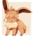  :o all_fours alternate_hairstyle artist_name border brown_fur commentary eevee english_commentary fluffy hair_over_eyes no_humans pokemon pokemon_(anime) pokemon_(creature) purpleninfy simple_background white_border 