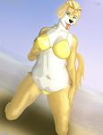  anthro beach bikini breasts canine clothing dog female golden_retriever half-closed_eyes hi_res kneeling looking_at_viewer mammal navel nipple_bulge outside rayka seaside solo swimsuit tongue tongue_out 