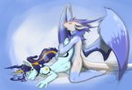  2016 anthro dragon duo equine eyes_closed female green_eyes hi_res horn horse interspecies kneeling leg_glider_position leg_grab looking_back male male/female mammal navel nude open_mouth penetration raised_leg ratcha_(artist) sex simple_background spread_legs spreading unicorn vaginal 