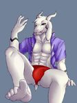  2015 5_fingers 5_toes abs anthro asriel_dreemurr barefoot black_sclera blue_background boss_monster briefs bulge caprine clothed clothing fangs feet foot_focus fur goat hi_res horn humanoid_feet long_ears male mammal monster nazuka simple_background sitting soles solo toe_curl toes undertale underwear video_games 