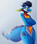  2016 blue_body clothed clothing crocodile crossed_arms digital_media_(artwork) female geekidog hi_res reptile scalie scuttle simple_background solo standing swimsuit tongue tongue_out 