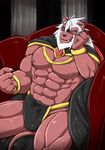  abs biceps big_muscles brown_nose bulge cape claws clothed clothing colored erection feline fur hair lion male mammal muscular nipple_piercing nipples pecs penis piercing red_eyes ryuukikeito sitting solo teeth tenting topless underwear white_hair 