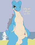  anthro balls beach dinosaur english_text erection grey_eyes hi_res horn humanoid_penis lapras lochness looking_back male mammal marine navel nintendo nude open_mouth outside partially_retracted_foreskin penis pok&eacute;mon posexe presenting reptile scalie seaside shell simple_background sky smile solo standing text tongue uncut video_games water 