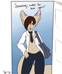  2013 anthro bag blue_background brown_fur brown_hair canine clothing dialogue door english_text fennec fox fur hair hi_res long_hair male mammal navel necktie nightfaux open_mouth pants pink_nose purple_eyes shirt signature simple_background solo teeth text tongue white_background 