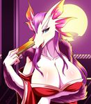  2016 anthro anthrofied big_breasts blue_eyes breasts capcom claws cleavage clothed clothing english_text fan female fin hair half-closed_eyes hi_res japanese_clothing kimono leviathan_(mh) long_hair looking_at_viewer monster_hunter moon night open_mouth purple_hair scalie signature skykain smile solo tamamitsune teeth text tongue video_games 