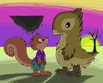  aliasing anthro avian barefoot bickteeth bird buttonverse clothing cub duo eye_contact flat_colors landscape levitation looking_up male mammal mizzyam rickie_squirrel rodent semi-anthro shirt shorts side_view size_difference squirrel stare surreal young 
