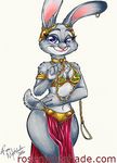  2016 accessory anthro bikini blue_eyes chain clothing collar cosplay disney ear_piercing female judy_hopps lagomorph leash loincloth mammal piercing rabbit rosevnightshade_(artist) simple_background slave_leia solo star_wars swimsuit white_background zootopia 