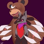  2016 absurd_res bandanna bear black_nose claws duo fak&eacute;mon glowing glowing_eyes hi_res lucario macro mammal nintendo open_mouth pok&eacute;mon purple_background senz sharp_claws sharp_teeth signature simple_background size_difference standing teeth video_games x_eyes zipper 