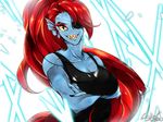  2016 abstract_background blue_skin breasts clothed clothing eye_patch eyewear fangs female fish hair hi_res long_hair marine muscular muscular_female nor red_hair shirt smile solo tank_top undertale undyne video_games yellow_eyes 