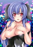 abstract_background animal_humanoid big_breasts blush breast_squish breasts canine clothing dog dog_humanoid female hair humanoid kizaki_yuuri looking_at_viewer mammal nipples purple_hair red_eyes solo swimsuit tight_clothing 